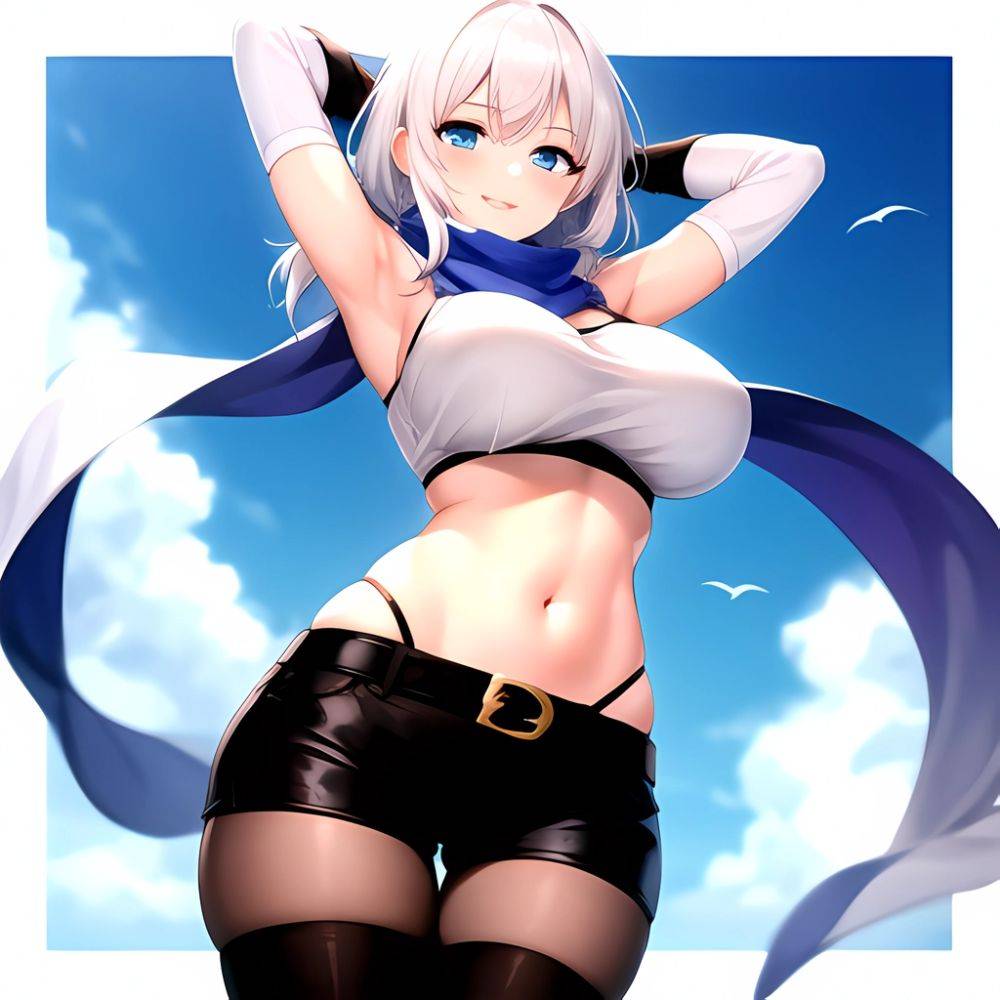 1girl Armpits Arms Behind Head Belt Black Bra Black Gloves Black Pantyhose Blue Eyes Blurry Blurry Background Bra Breasts Curvy, 1377848940 - AIHentai - #main