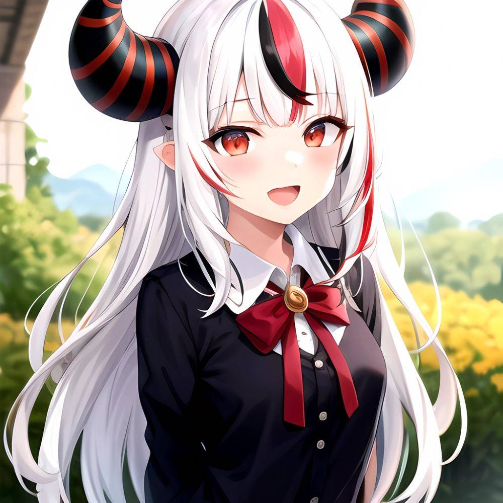 1girl Hololive Horns Long Hair Multicolored Hair Nakiri Ayame Open Mouth Smile Solo Streaked Hair Tonton Utaro White Hair Arms, 2622934823 - AIHentai - #main