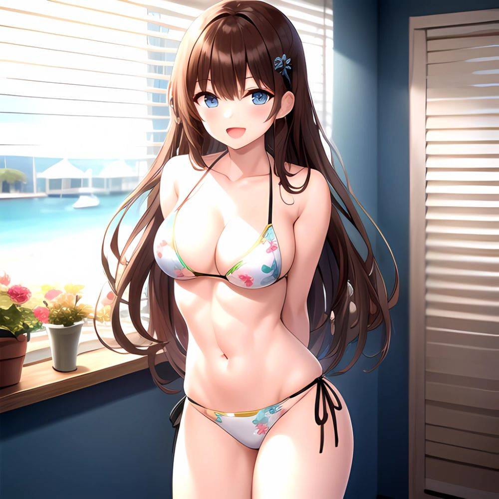1girl D Abs Alternate Costume Arms Behind Back Asymmetrical Hair Bikini Blue Eyes Blush Breasts Brown Hair Cleavage Collarbone F, 2911929649 - AIHentai - #main