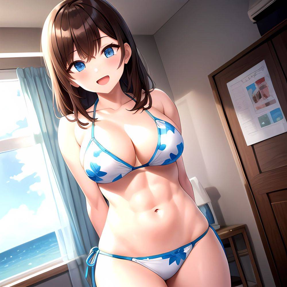 1girl D Abs Alternate Costume Arms Behind Back Asymmetrical Hair Bikini Blue Eyes Blush Breasts Brown Hair Cleavage Collarbone F, 4248175770 - AIHentai - #main