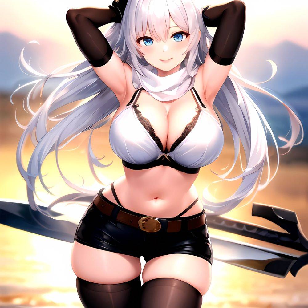 1girl Armpits Arms Behind Head Belt Black Bra Black Gloves Black Pantyhose Blue Eyes Blurry Blurry Background Bra Breasts Curvy, 694778091 - AIHentai - #main