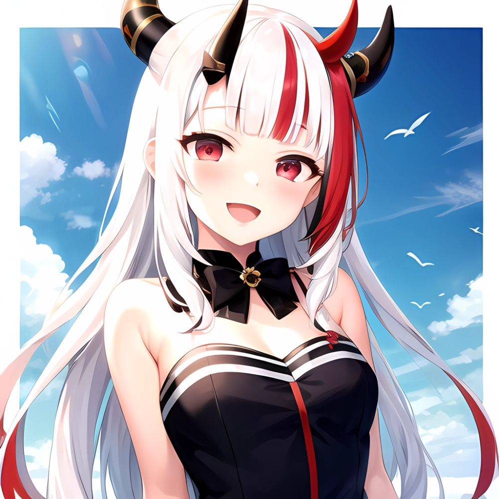 1girl Hololive Horns Long Hair Multicolored Hair Nakiri Ayame Open Mouth Smile Solo Streaked Hair Tonton Utaro White Hair Arms, 2698827592 - AIHentai - #main