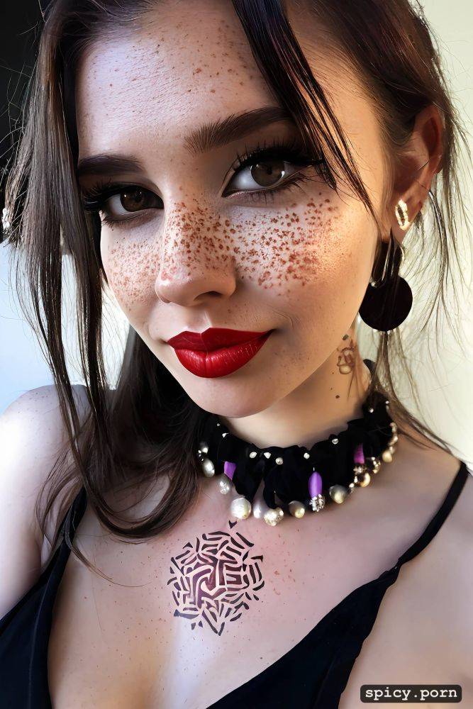 dreamy look, wearing choker, center on face, cute 18yo emo nordic teen - #main