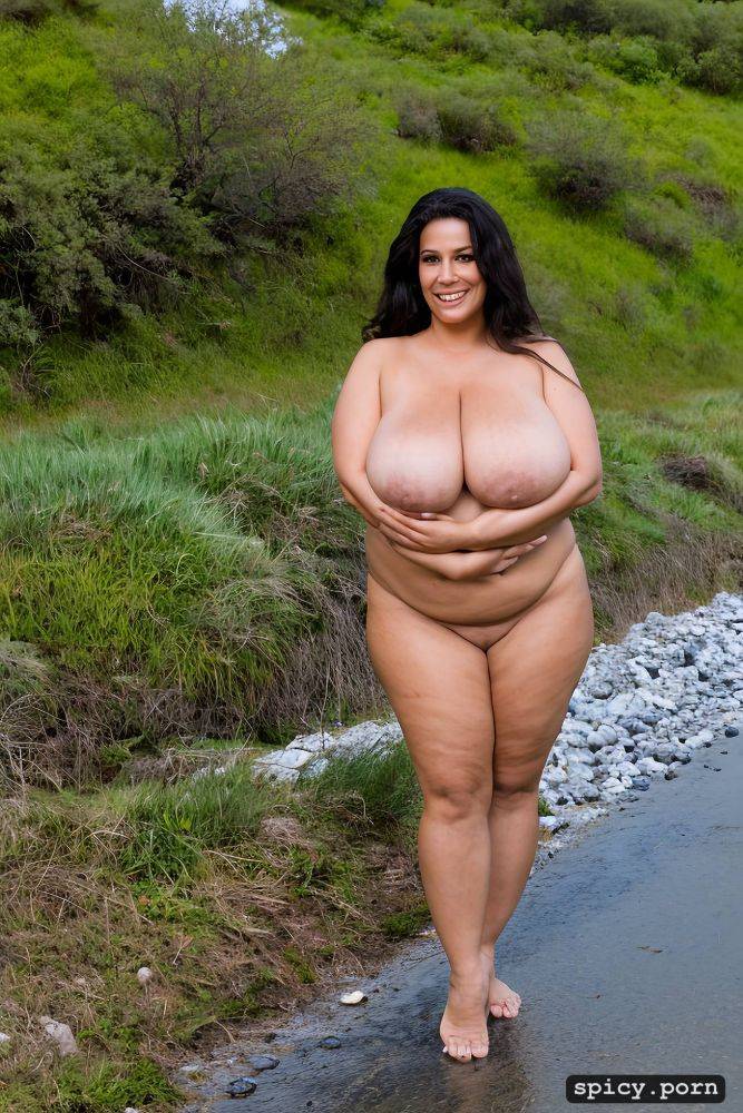color photo, standing straight at a black sea beach, hourglass figure - #main