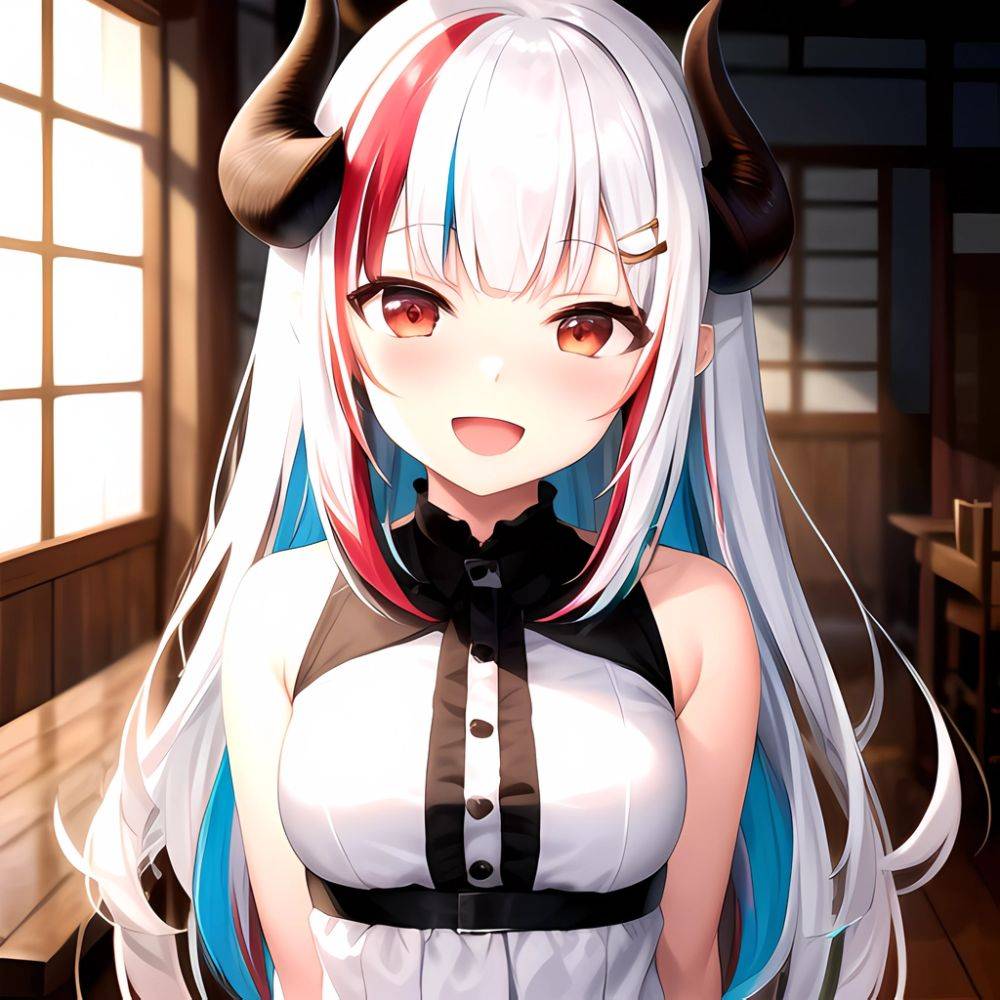 1girl Hololive Horns Long Hair Multicolored Hair Nakiri Ayame Open Mouth Smile Solo Streaked Hair Tonton Utaro White Hair Arms, 2766299154 - AIHentai - #main