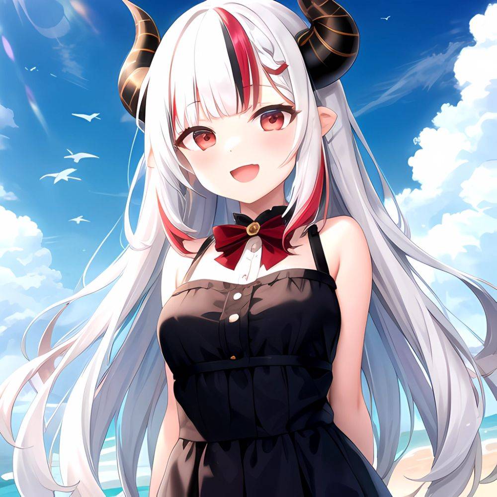 1girl Hololive Horns Long Hair Multicolored Hair Nakiri Ayame Open Mouth Smile Solo Streaked Hair Tonton Utaro White Hair Arms, 3083323255 - AIHentai - #main