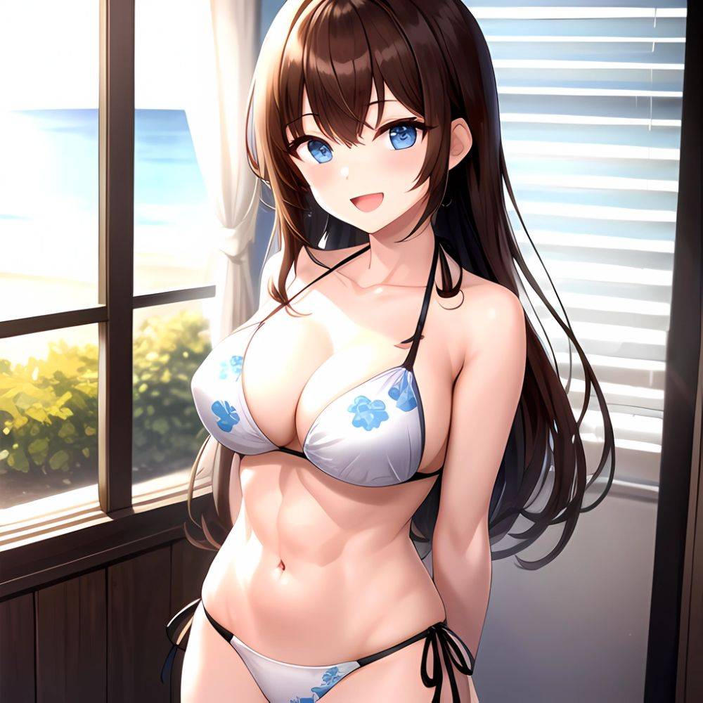 1girl D Abs Alternate Costume Arms Behind Back Asymmetrical Hair Bikini Blue Eyes Blush Breasts Brown Hair Cleavage Collarbone F, 1469321252 - AIHentai - #main