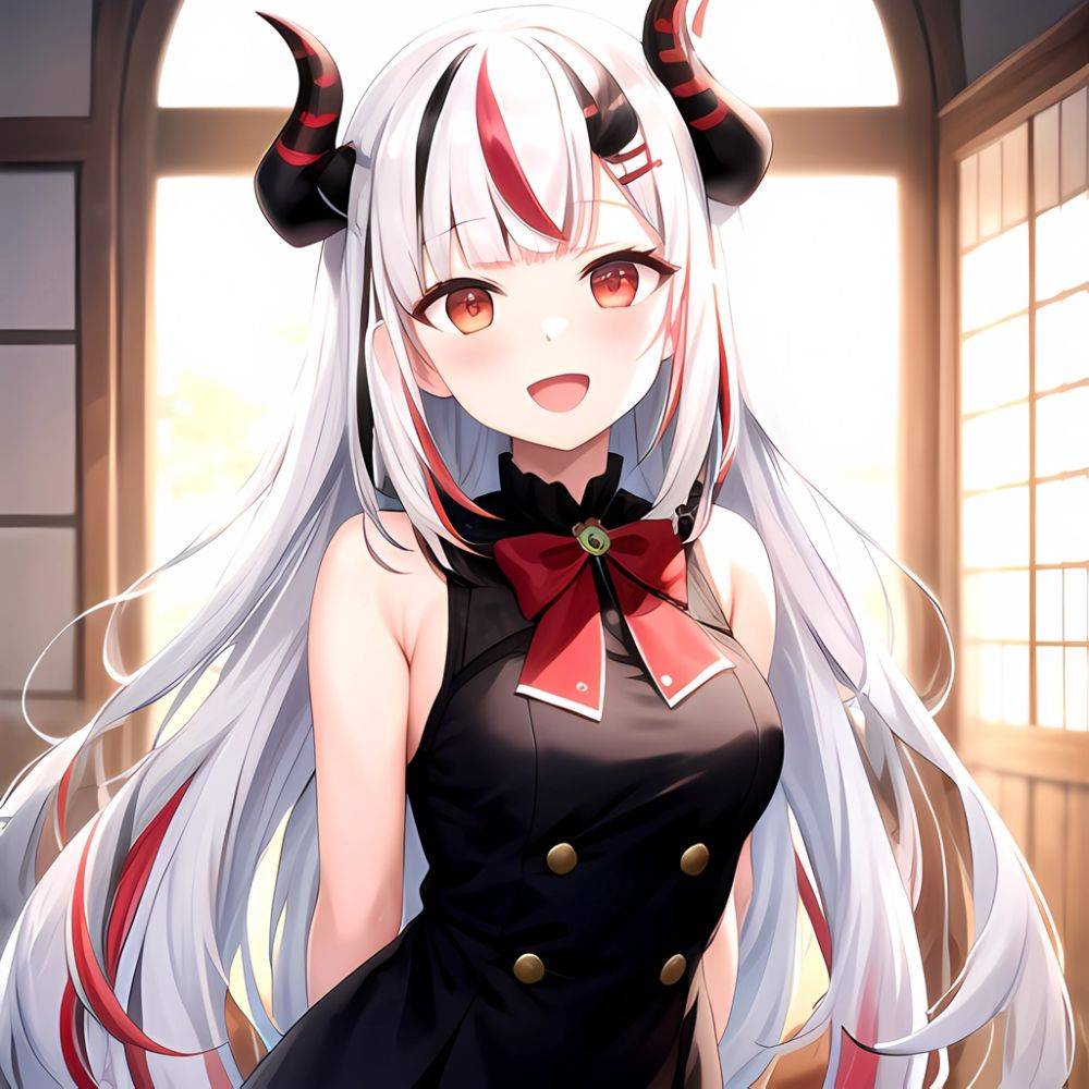 1girl Hololive Horns Long Hair Multicolored Hair Nakiri Ayame Open Mouth Smile Solo Streaked Hair Tonton Utaro White Hair Arms, 3772544654 - AIHentai - #main