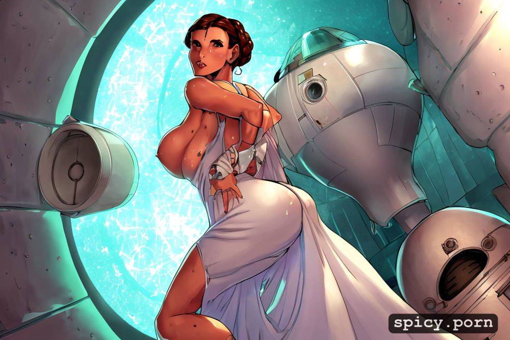 white dress from star wars episode 4, leia organa, massive sweaty bare tits - #main