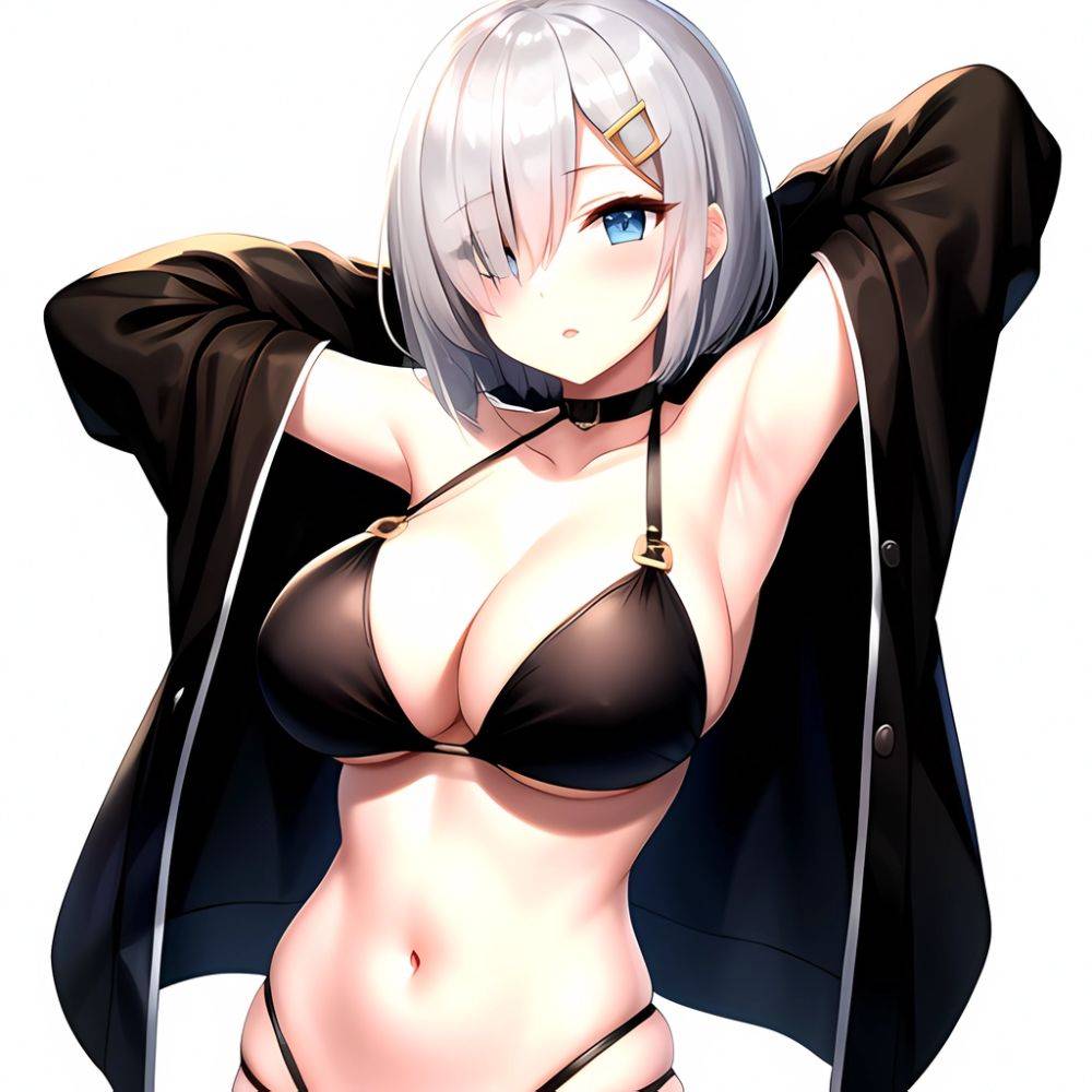 1girl Absurdres Armpits Arms Behind Head Bikini Black Bikini Black Choker Blue Eyes Blush Breasts Choker Cleavage Commentary Req, 686809699 - AIHentai - #main