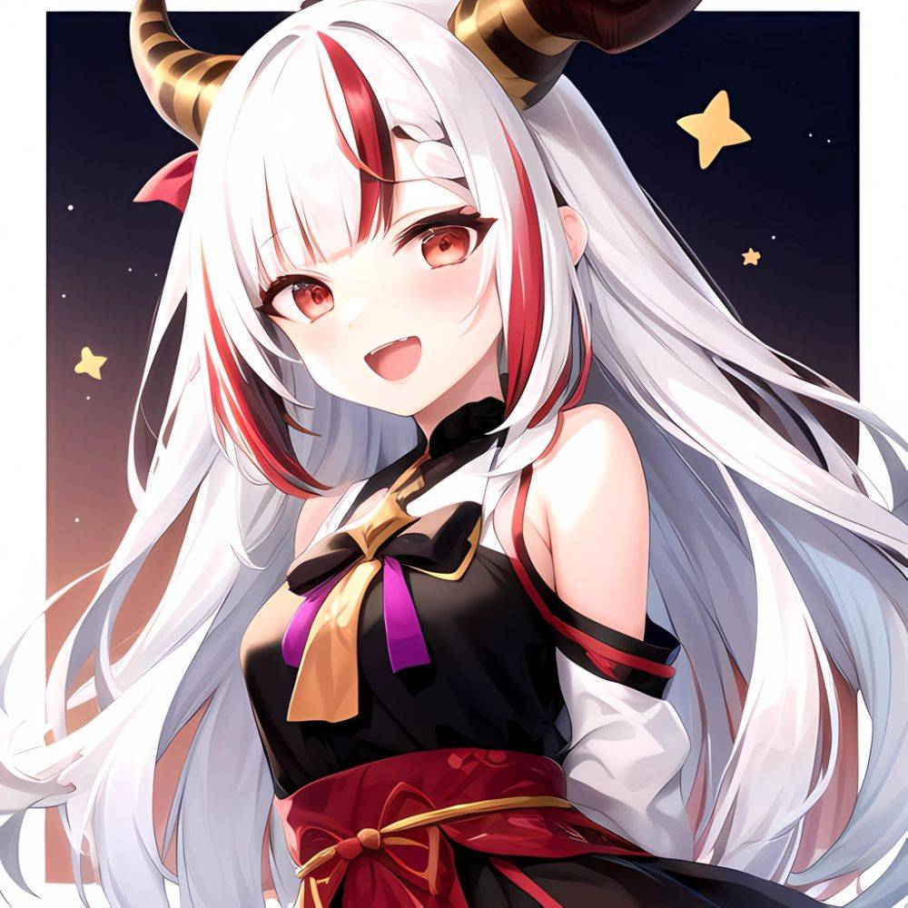 1girl Hololive Horns Long Hair Multicolored Hair Nakiri Ayame Open Mouth Smile Solo Streaked Hair Tonton Utaro White Hair Arms, 1804824793 - AIHentai - #main
