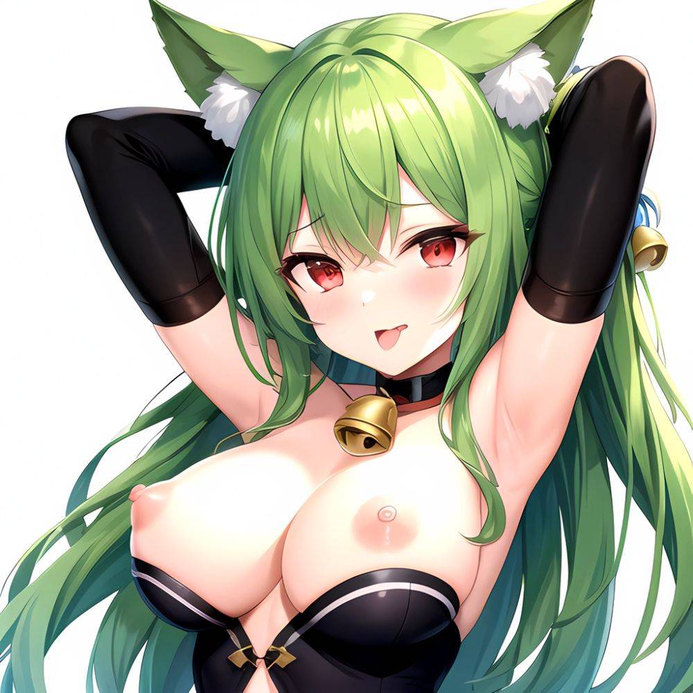 1girl Animal Ear Fluff Animal Ears Armpits Arms Behind Head Banshee Last Origin Bell Blush Breasts Chamame Green Hair Highres, 3200385763 - AIHentai - #main