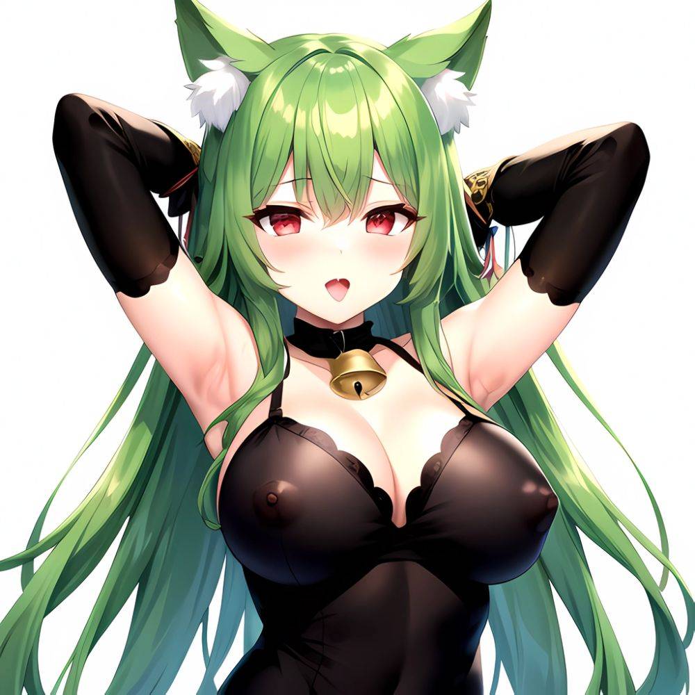 1girl Animal Ear Fluff Animal Ears Armpits Arms Behind Head Banshee Last Origin Bell Blush Breasts Chamame Green Hair Highres, 4079932593 - AIHentai - #main