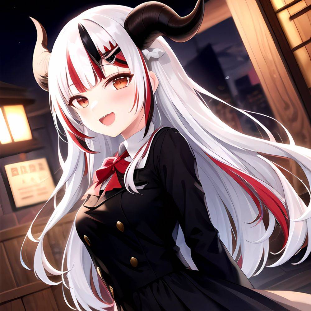 1girl Hololive Horns Long Hair Multicolored Hair Nakiri Ayame Open Mouth Smile Solo Streaked Hair Tonton Utaro White Hair Arms, 3155739915 - AIHentai - #main