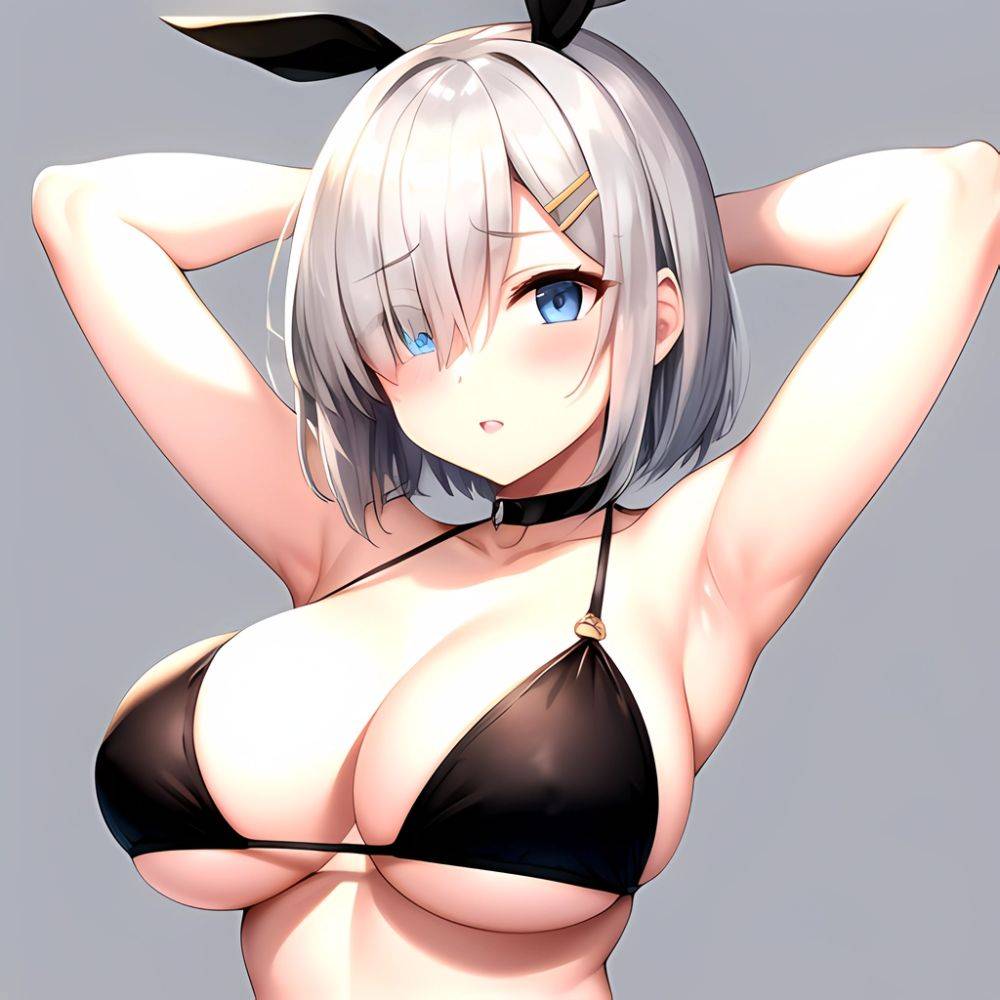 1girl Absurdres Armpits Arms Behind Head Bikini Black Bikini Black Choker Blue Eyes Blush Breasts Choker Cleavage Commentary Req, 3994867820 - AIHentai - #main