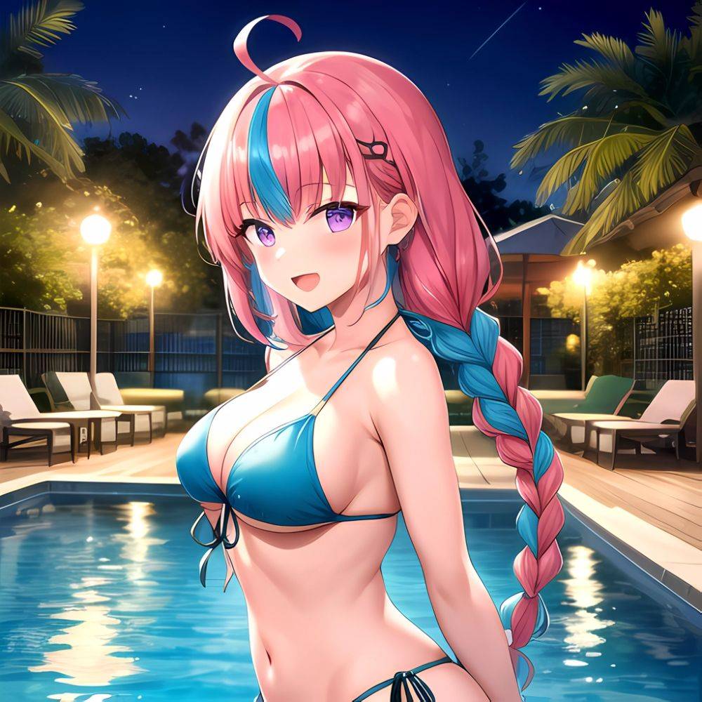 1girl Ahoge Bare Shoulders Bikini Blue Bikini Blue Hair Blush Braid Breasts Cleavage Colored Inner Hair Front Tie Bikini Top, 3781121372 - AIHentai - #main