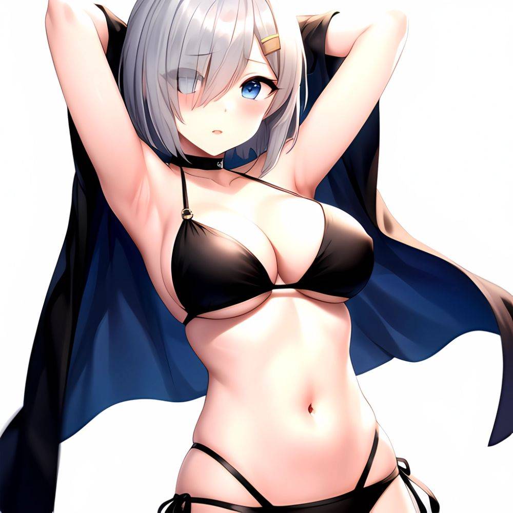 1girl Absurdres Armpits Arms Behind Head Bikini Black Bikini Black Choker Blue Eyes Blush Breasts Choker Cleavage Commentary Req, 1976872100 - AIHentai - #main