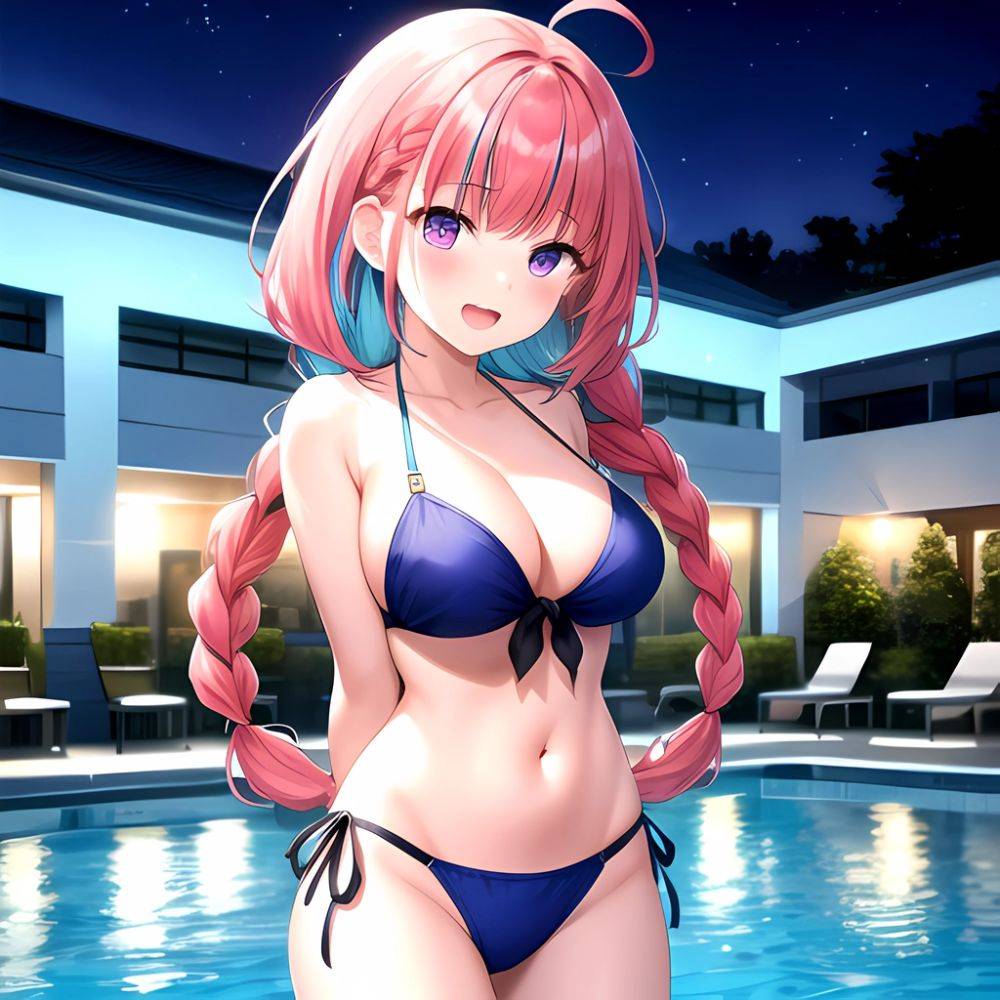 1girl Ahoge Bare Shoulders Bikini Blue Bikini Blue Hair Blush Braid Breasts Cleavage Colored Inner Hair Front Tie Bikini Top, 2590091422 - AIHentai - #main