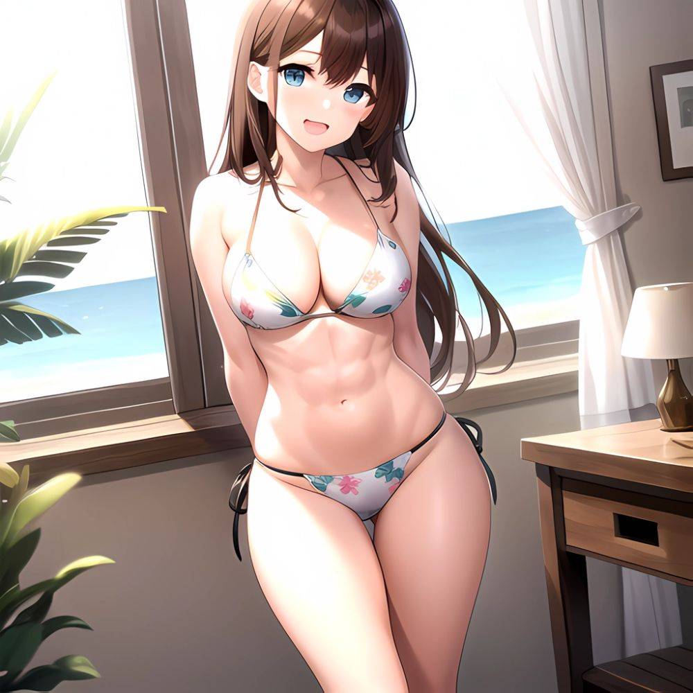 1girl D Abs Alternate Costume Arms Behind Back Asymmetrical Hair Bikini Blue Eyes Blush Breasts Brown Hair Cleavage Collarbone F, 713357180 - AIHentai - #main