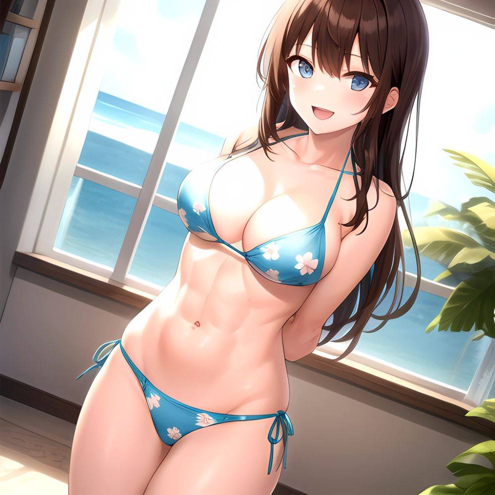 1girl D Abs Alternate Costume Arms Behind Back Asymmetrical Hair Bikini Blue Eyes Blush Breasts Brown Hair Cleavage Collarbone F, 1188190195 - AIHentai - #main