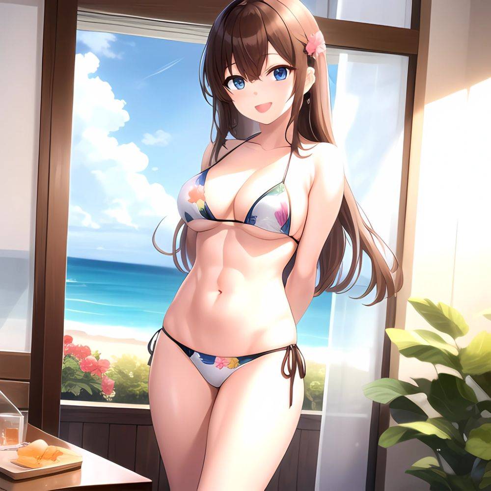 1girl D Abs Alternate Costume Arms Behind Back Asymmetrical Hair Bikini Blue Eyes Blush Breasts Brown Hair Cleavage Collarbone F, 2073747516 - AIHentai - #main