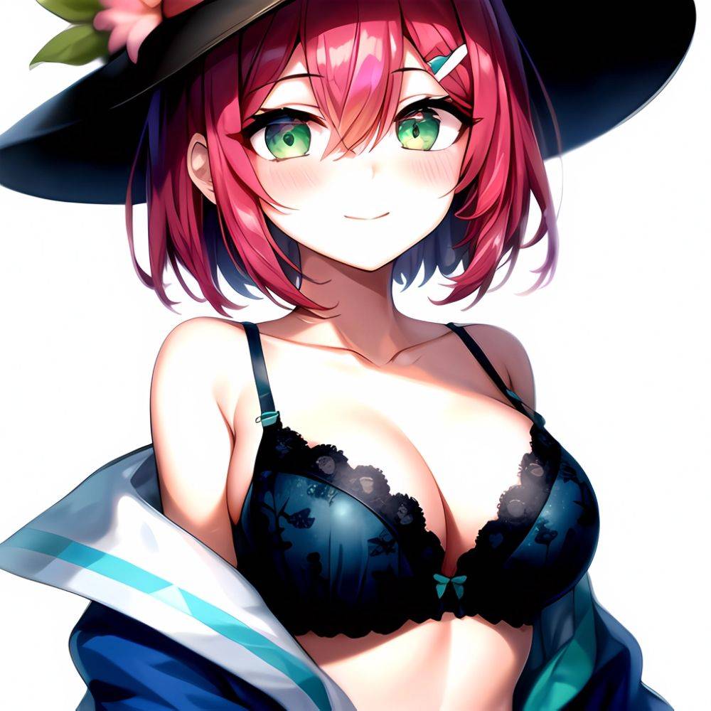 1girl Blush Bob Cut Bra Breasts Cleavage Close Up Closed Mouth Collarbone Commentary Eyelashes Eyes Visible Through Hair Floral, 2220945060 - AIHentai - #main