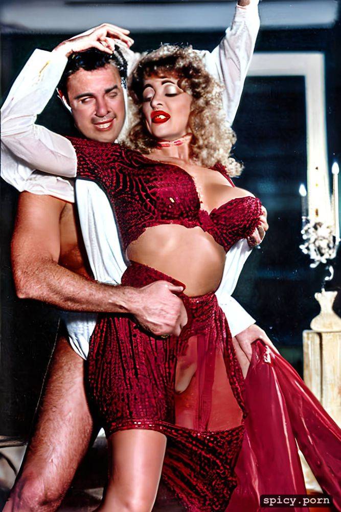 dancing tango with one leg raised high, ultrarealistic ultra detailed vivid colors voluptuous and lascivious drunk whore lady 50 years old up red dress - #main