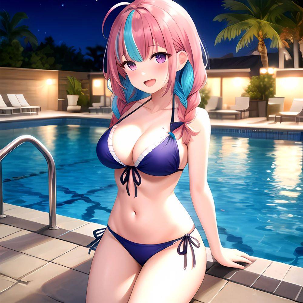 1girl Ahoge Bare Shoulders Bikini Blue Bikini Blue Hair Blush Braid Breasts Cleavage Colored Inner Hair Front Tie Bikini Top, 4187008325 - AIHentai - #main