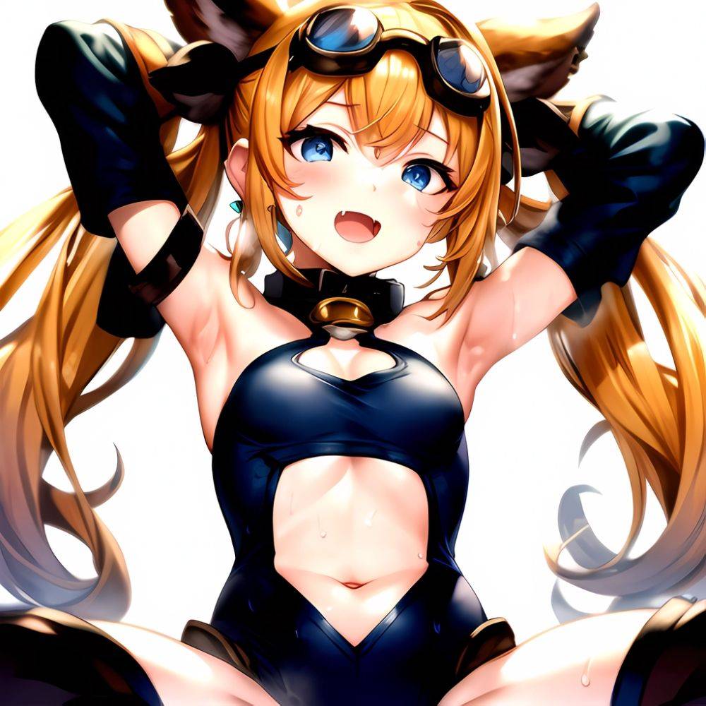 1girl Armpits Arms Behind Head Backlighting Bare Arms Bare Legs Blonde Hair Blue Eyes Blush Breasts Check Commentary Clothing Cu, 4209860689 - AIHentai - #main