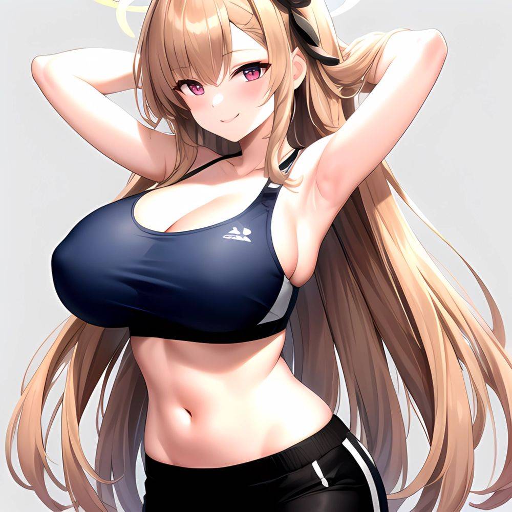 1girl Absurdres Armpits Arms Behind Head Asuna Blue Archive Black Pants Blue Archive Blush Breasts Cleavage Halo Highres Huge Br, 1976529740 - AIHentai - #main