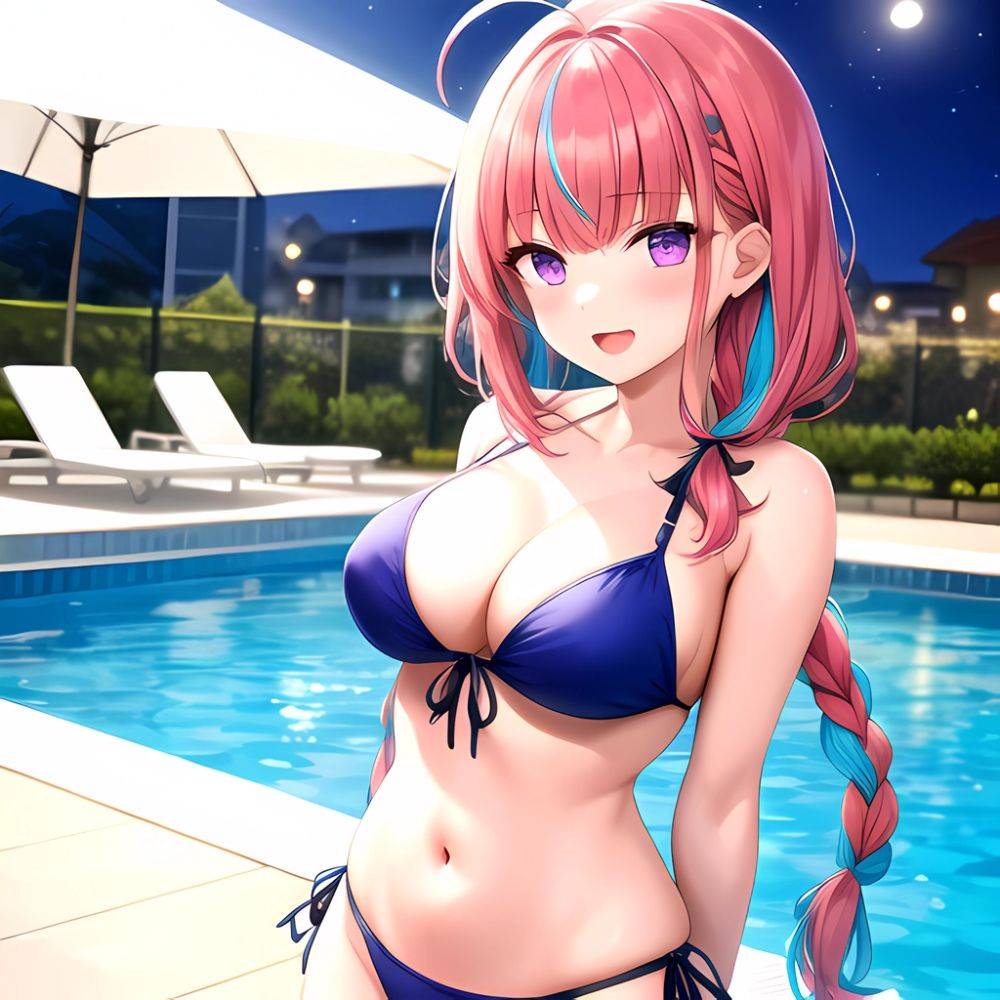 1girl Ahoge Bare Shoulders Bikini Blue Bikini Blue Hair Blush Braid Breasts Cleavage Colored Inner Hair Front Tie Bikini Top, 1150781986 - AIHentai - #main