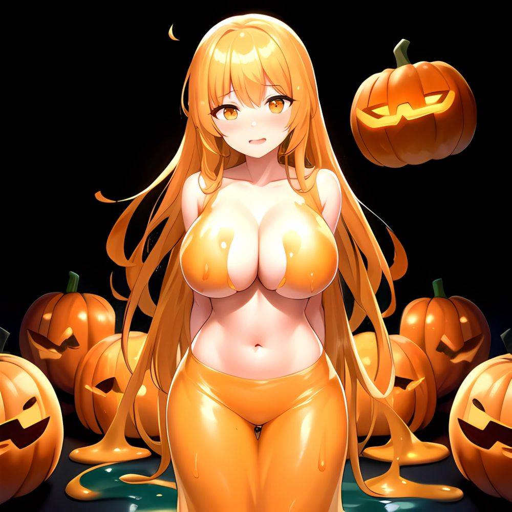 Orange Slime Messy Slime Big Boobs Pov Pumpkins Orange And Black Standing Up Facing The Viewer Arms Behind Back, 1016777064 - AIHentai - #main