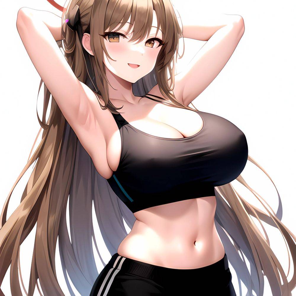 1girl Absurdres Armpits Arms Up Asuna Blue Archive Black Pants Blue Archive Blush Breasts Cleavage Halo Hands In Hair Highres, 1602545123 - AIHentai - #main