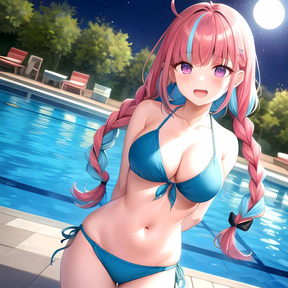 1girl Ahoge Bare Shoulders Bikini Blue Bikini Blue Hair Blush Braid Breasts Cleavage Colored Inner Hair Front Tie Bikini Top, 2703578836 - AIHentai - #main