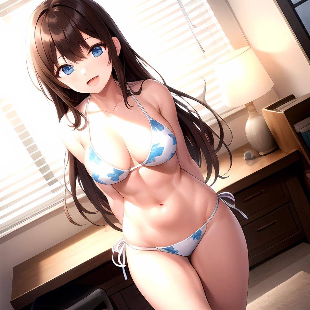 1girl D Abs Alternate Costume Arms Behind Back Asymmetrical Hair Bikini Blue Eyes Blush Breasts Brown Hair Cleavage Collarbone F, 644471996 - AIHentai - #main