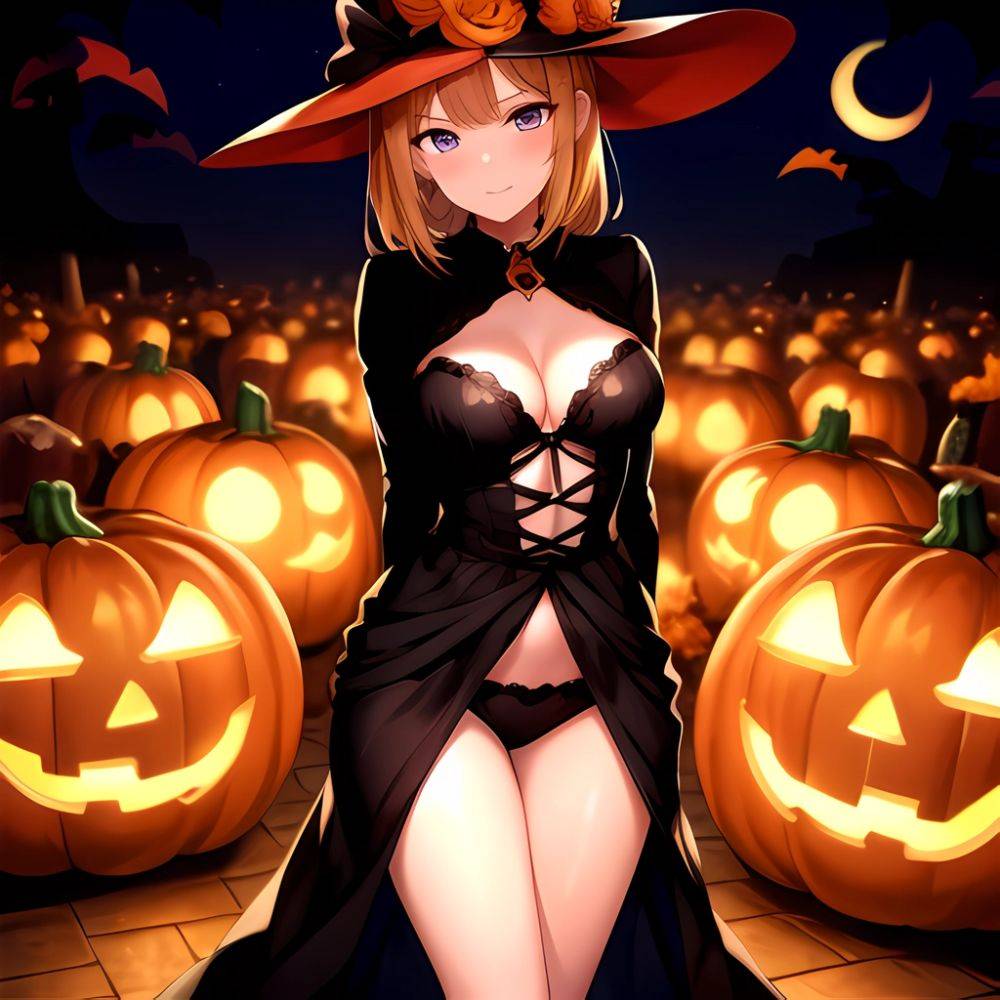 1girl Solo Sexy Outfit Halloween Pumpkins Standing Arms Behind Back, 2371899413 - AIHentai - #main