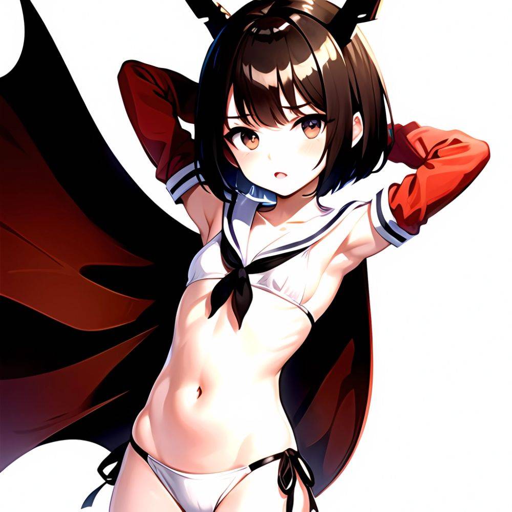 1girl Arms Up Arms Behind Head Bikini Bob Cut Brown Eyes Brown Hair Cosplay Cowboy Shot Flat Chest Headgear Inverted, 486952713 - AIHentai - #main