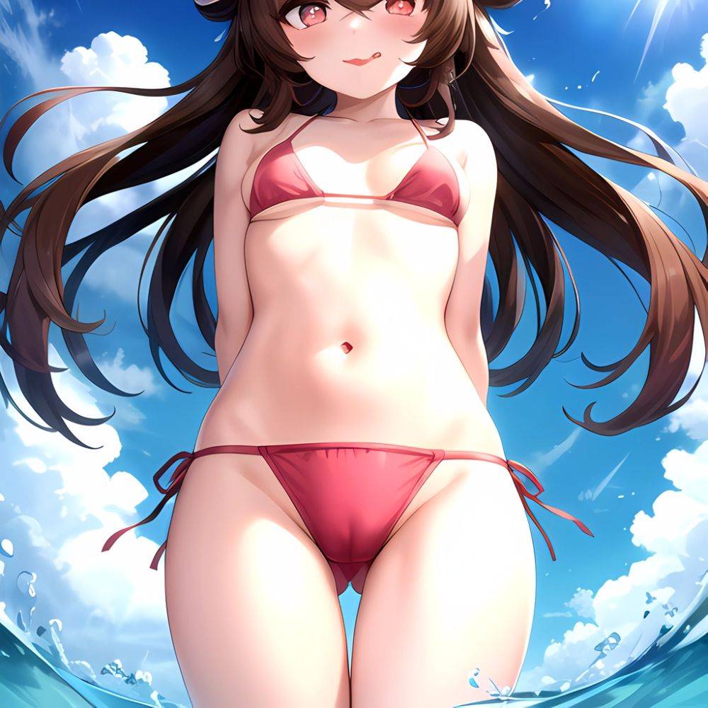 1girl Q Absurdres Arms Behind Back Bikini Blush Breasts Brown Hair Cameltoe Cleft Of Venus Covered Nipples Cowboy Shot Flower, 995380776 - AIHentai - #main