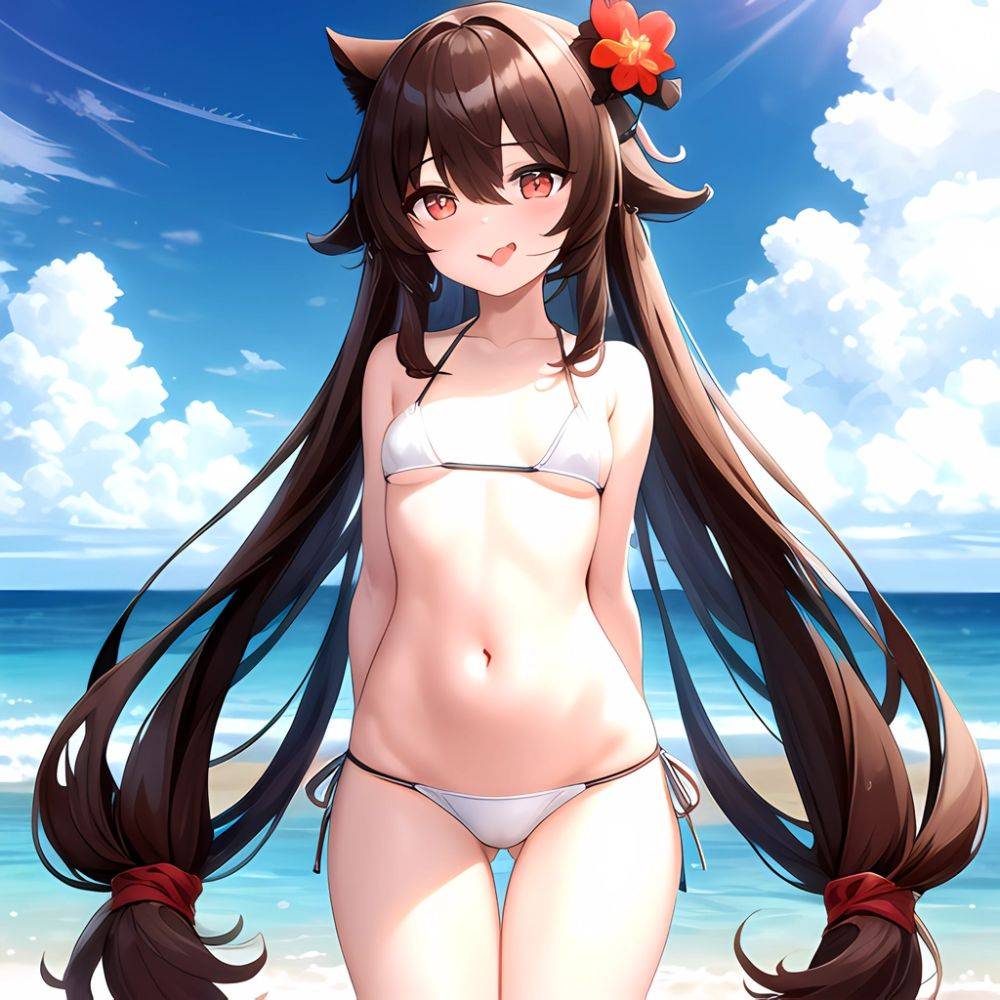 1girl Q Absurdres Arms Behind Back Bikini Blush Breasts Brown Hair Cameltoe Cleft Of Venus Covered Nipples Cowboy Shot Flower, 973359017 - AIHentai - #main