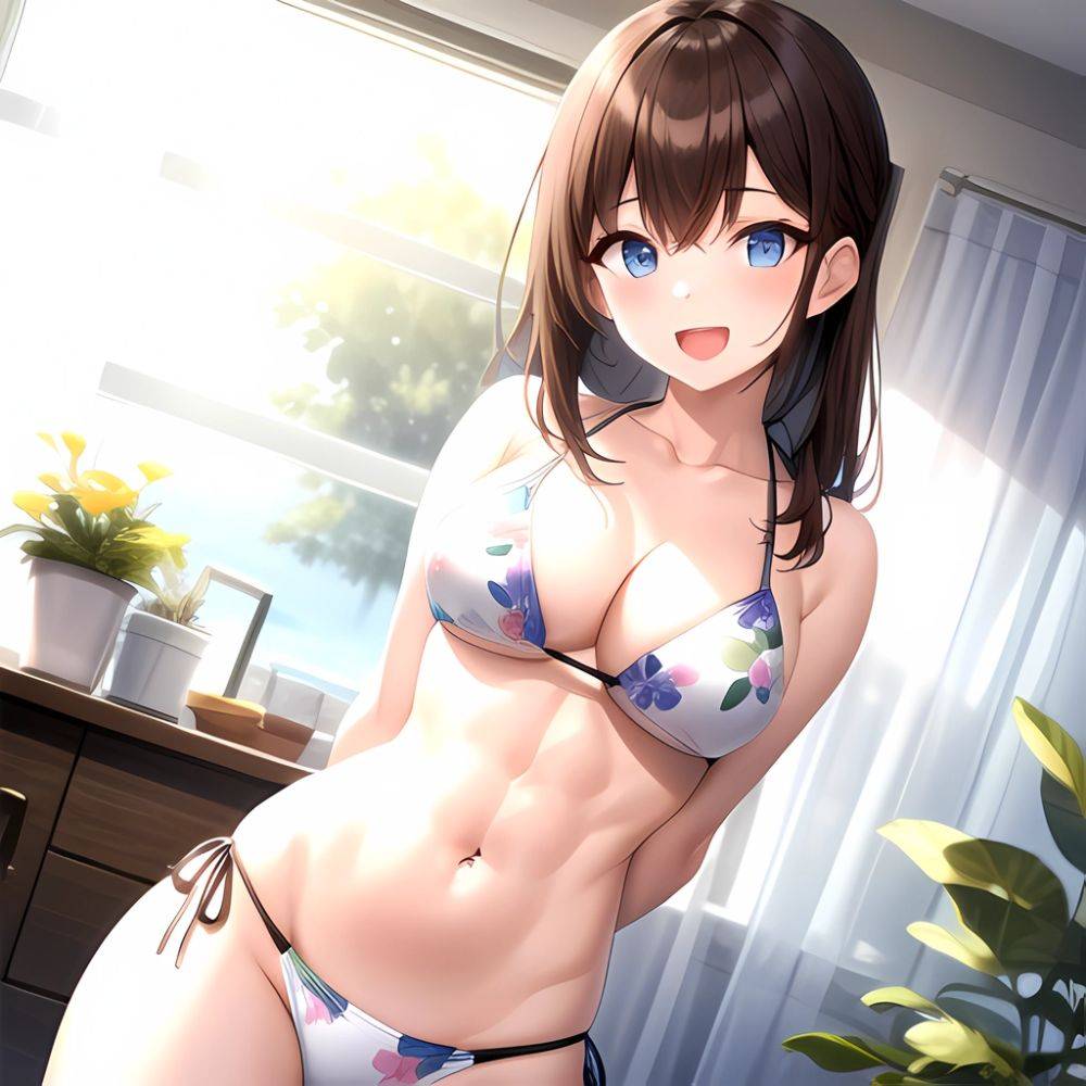 1girl D Abs Alternate Costume Arms Behind Back Asymmetrical Hair Bikini Blue Eyes Blush Breasts Brown Hair Cleavage Collarbone F, 2007048183 - AIHentai - #main
