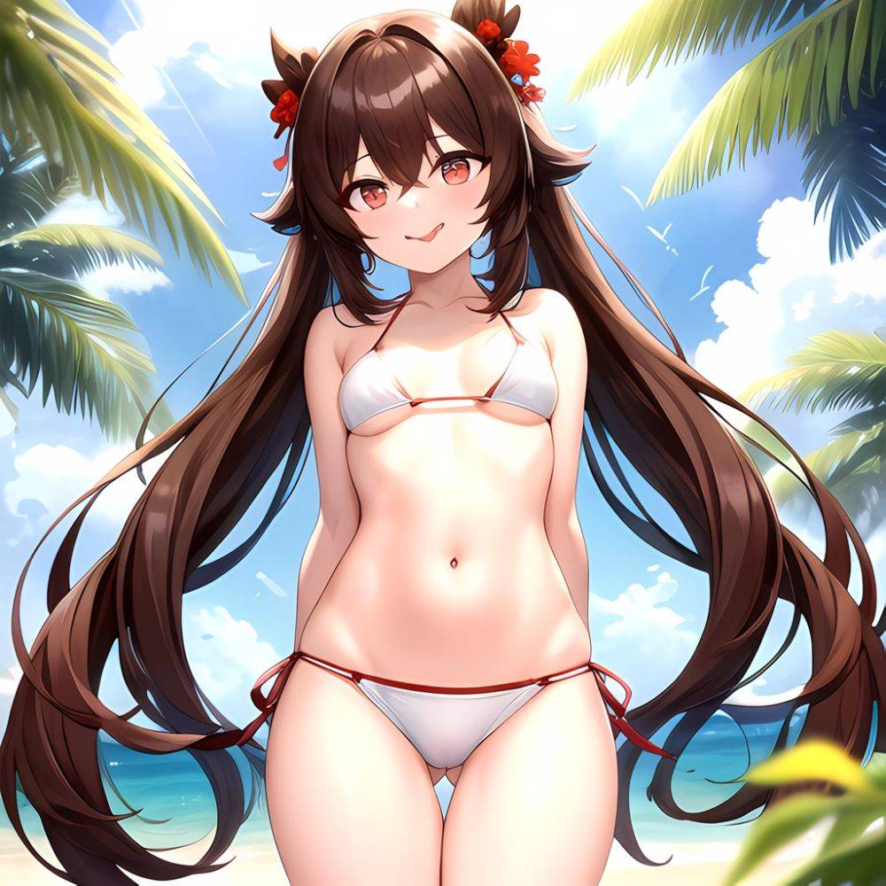 1girl Q Absurdres Arms Behind Back Bikini Blush Breasts Brown Hair Cameltoe Cleft Of Venus Covered Nipples Cowboy Shot Flower, 1962388997 - AIHentai - #main