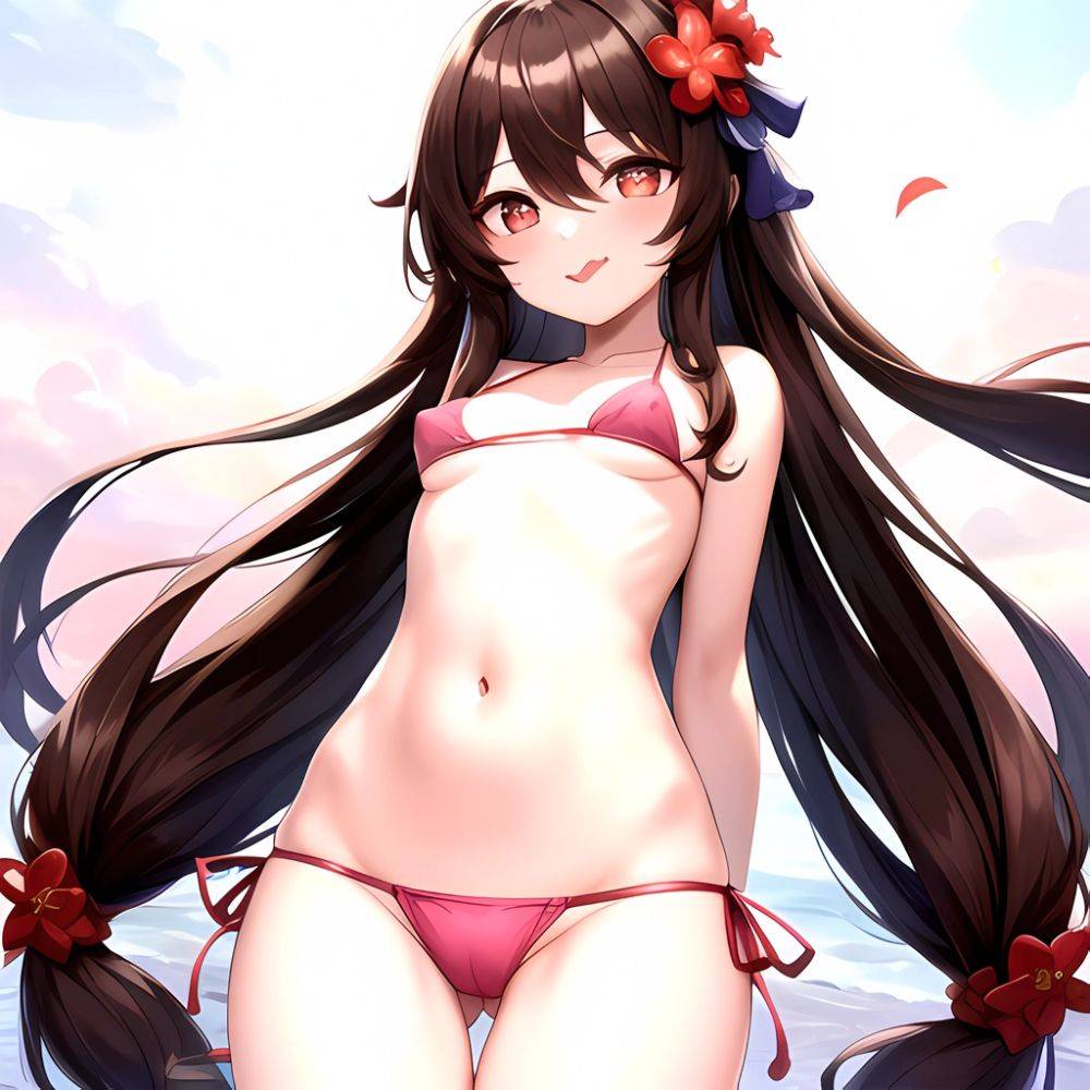 1girl Q Absurdres Arms Behind Back Bikini Blush Breasts Brown Hair Cameltoe Cleft Of Venus Covered Nipples Cowboy Shot Flower, 617963721 - AIHentai - #main