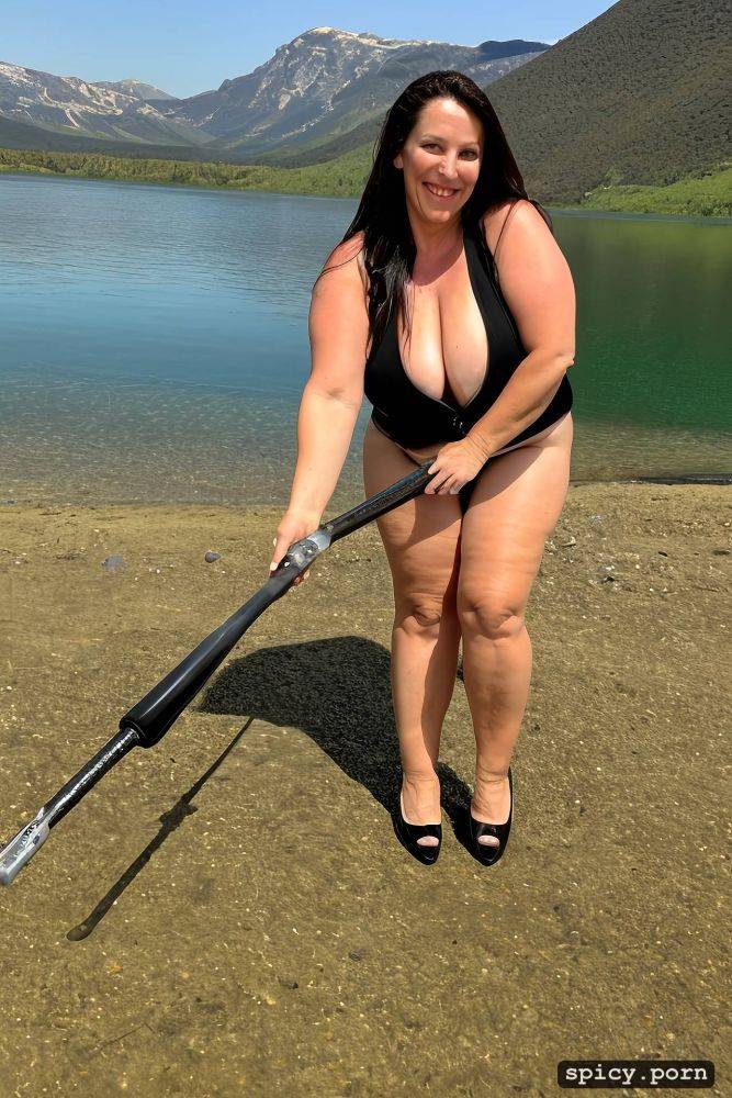 color photo, standing straight at a mountain lake beach, hourglass figure - #main