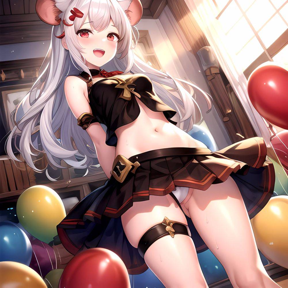 1girl Animal Ears Balloon Blush Granblue Fantasy Hair Ornament Hairclip Highres Medium Hair Mouse Ears Navel Open Mouth Pleated, 1317595799 - AIHentai - #main