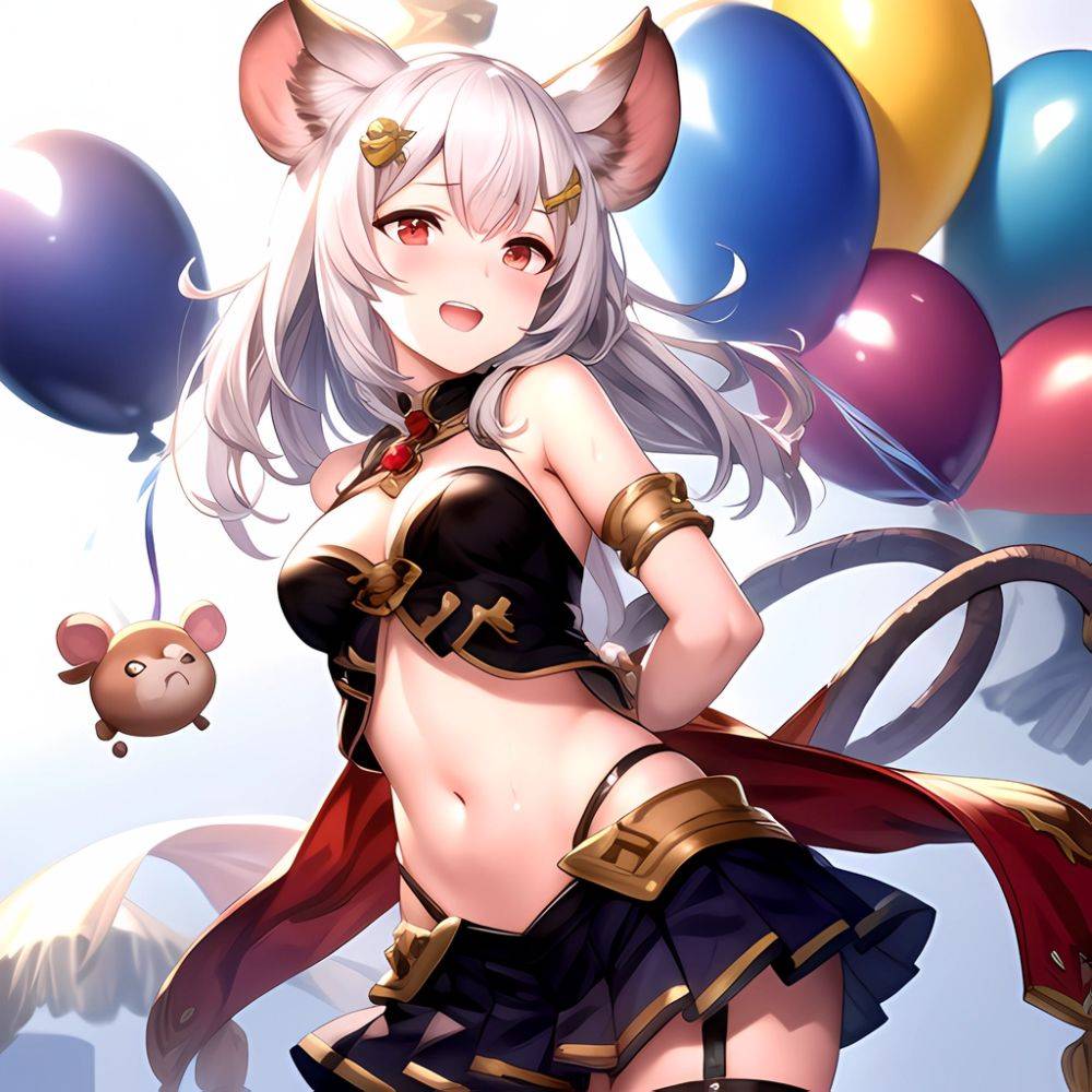 1girl Animal Ears Balloon Blush Granblue Fantasy Hair Ornament Hairclip Highres Medium Hair Mouse Ears Navel Open Mouth Pleated, 477564547 - AIHentai - #main