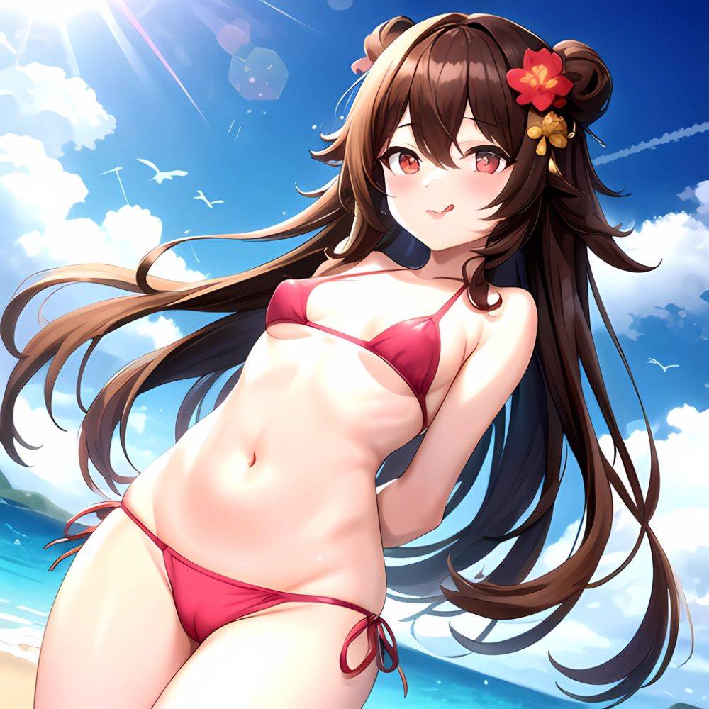 1girl Q Absurdres Arms Behind Back Bikini Blush Breasts Brown Hair Cameltoe Cleft Of Venus Covered Nipples Cowboy Shot Flower, 3079707972 - AIHentai - #main