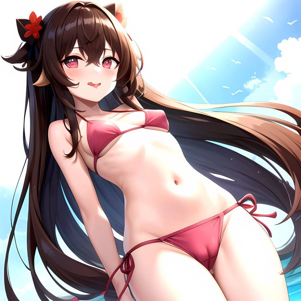 1girl Q Absurdres Arms Behind Back Bikini Blush Breasts Brown Hair Cameltoe Cleft Of Venus Covered Nipples Cowboy Shot Flower, 511090802 - AIHentai - #main