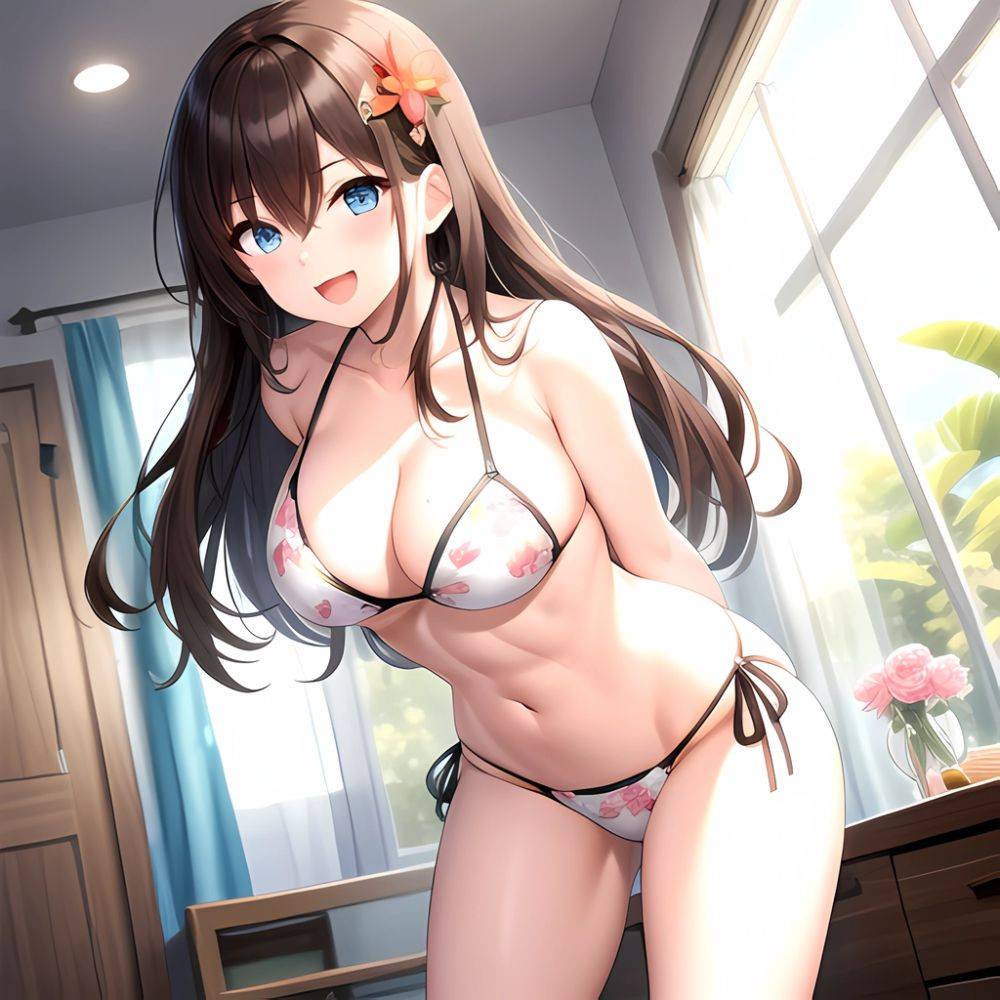 1girl D Abs Alternate Costume Arms Behind Back Asymmetrical Hair Bikini Blue Eyes Blush Breasts Brown Hair Cleavage Collarbone F, 2221670676 - AIHentai - #main