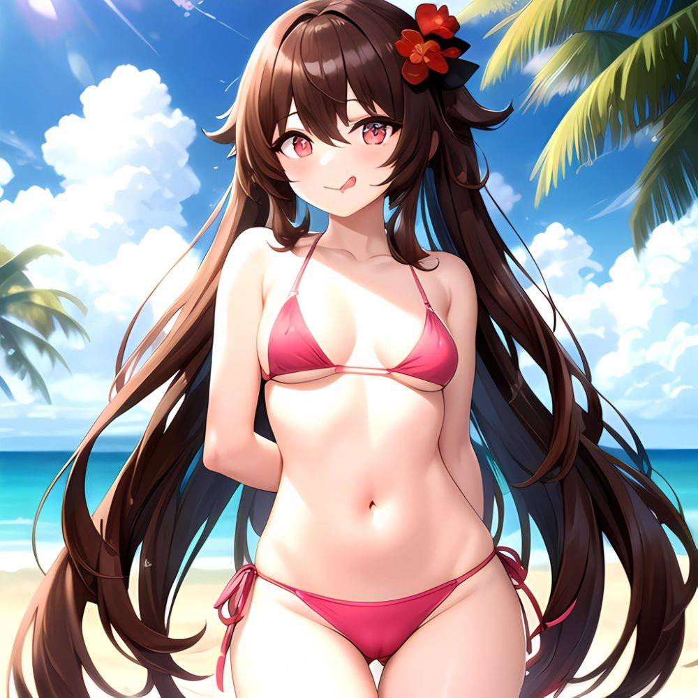 1girl Q Absurdres Arms Behind Back Bikini Blush Breasts Brown Hair Cameltoe Cleft Of Venus Covered Nipples Cowboy Shot Flower, 1707363740 - AIHentai - #main