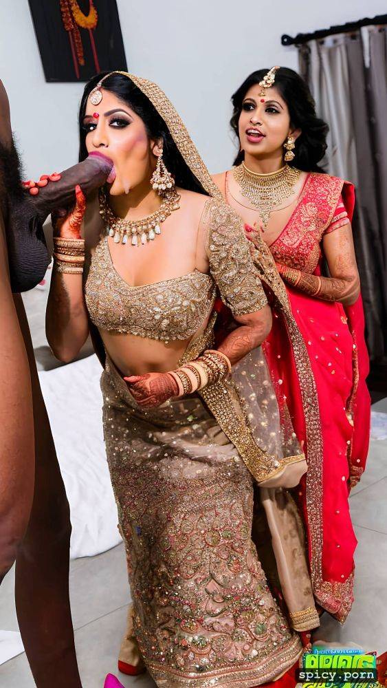 the standing beautiful indian bride in public takes a huge black dick in the mouth and giving blowjob to the man get covered by cum all over his bridal dress and other people cheer the bride realistic photo and real human - #main